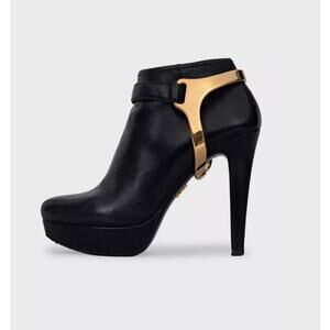 Prada Black Leather Ankle Boots with Gold Hardware, Size 36